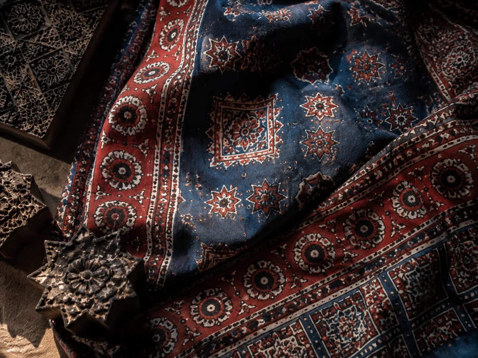 Detail of traditional Sindhi Ajrak textile craft.